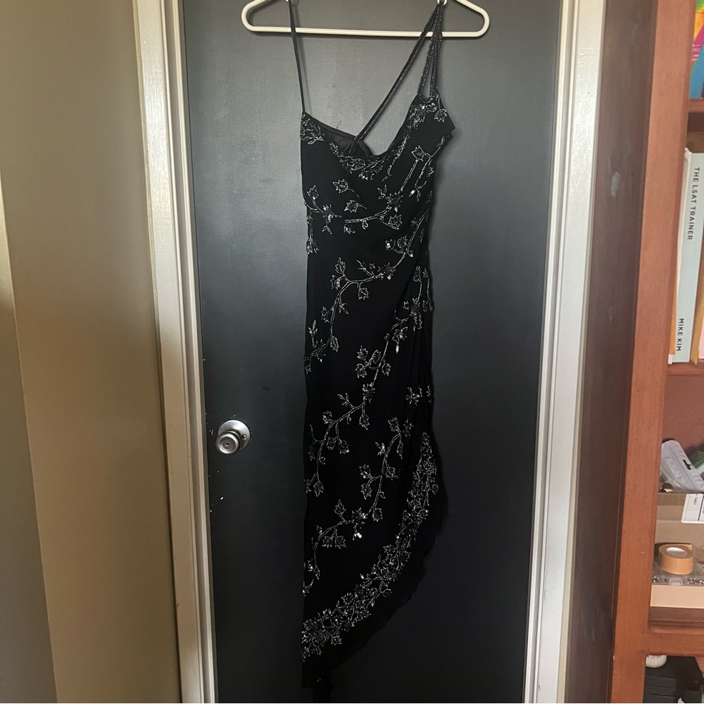 NWT Cache Silk Beaded Black and Silver One Shoulder Dress